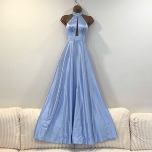 Baby blue mesh v cutout long formal prom dress with halter neckline